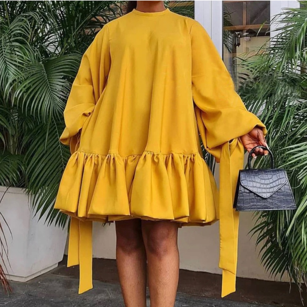 Yellow Loose Fitting Solid Puff Sleeve Long Sleev… - image 1